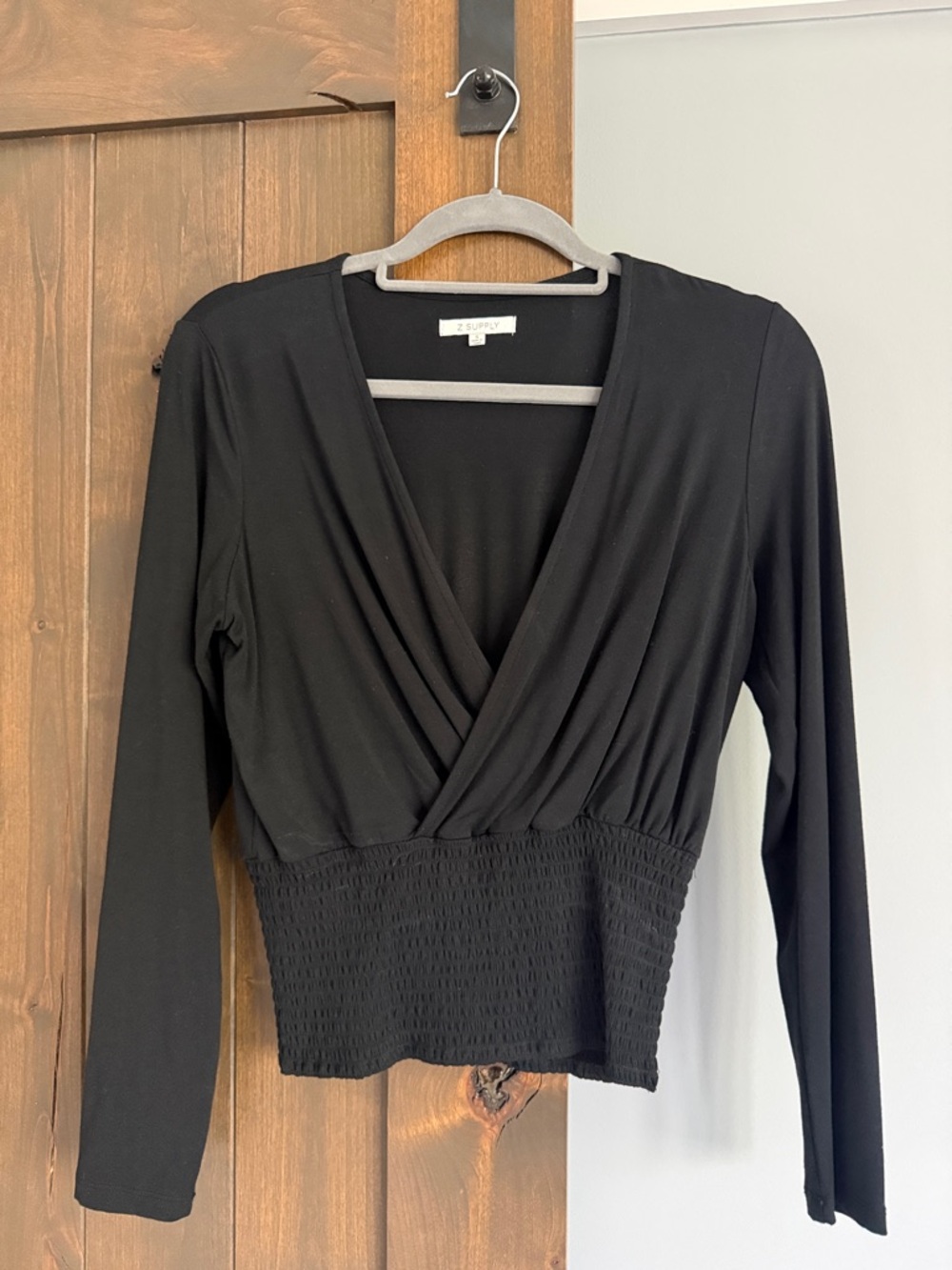 Z Supply Black Long Sleeve Surplice Top with Smocked Waist | Size Small